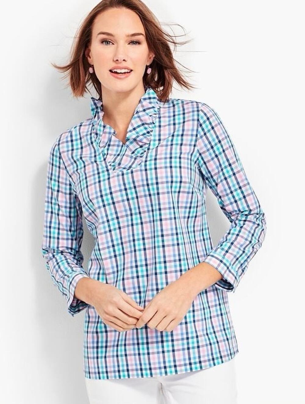 Talbots Women’s Non Iron Ruffle Neck Popover Tunic Top Gingham Size 4